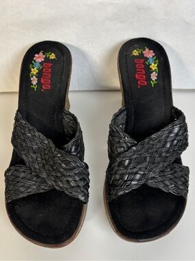 Vintage Bongo Wedge Sandals Women 8.5 Black Woven Strap Cork Platform Y2K Floral